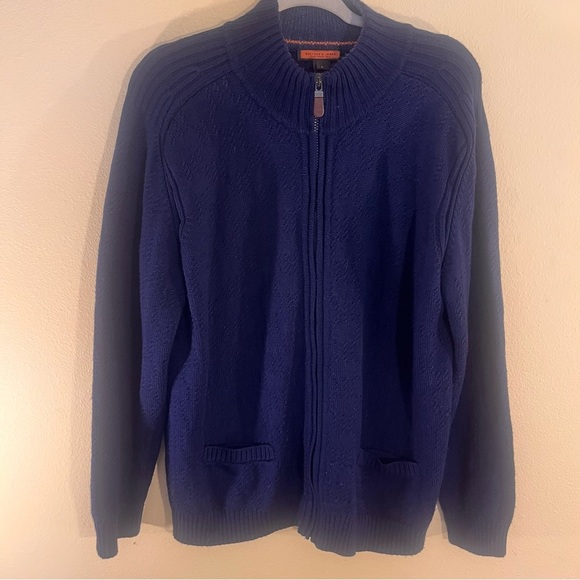 Bullock & Jones Navy Blue Wool Silk Textured Sweater Jacket Full Zip Navy L
